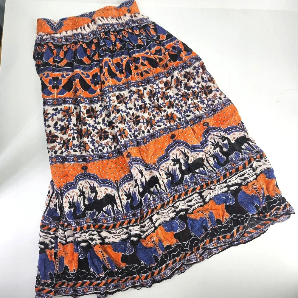 Vintage Semi-sheer Elephant Print Boho Maxi Skirt Orange Blue Black‎ White India